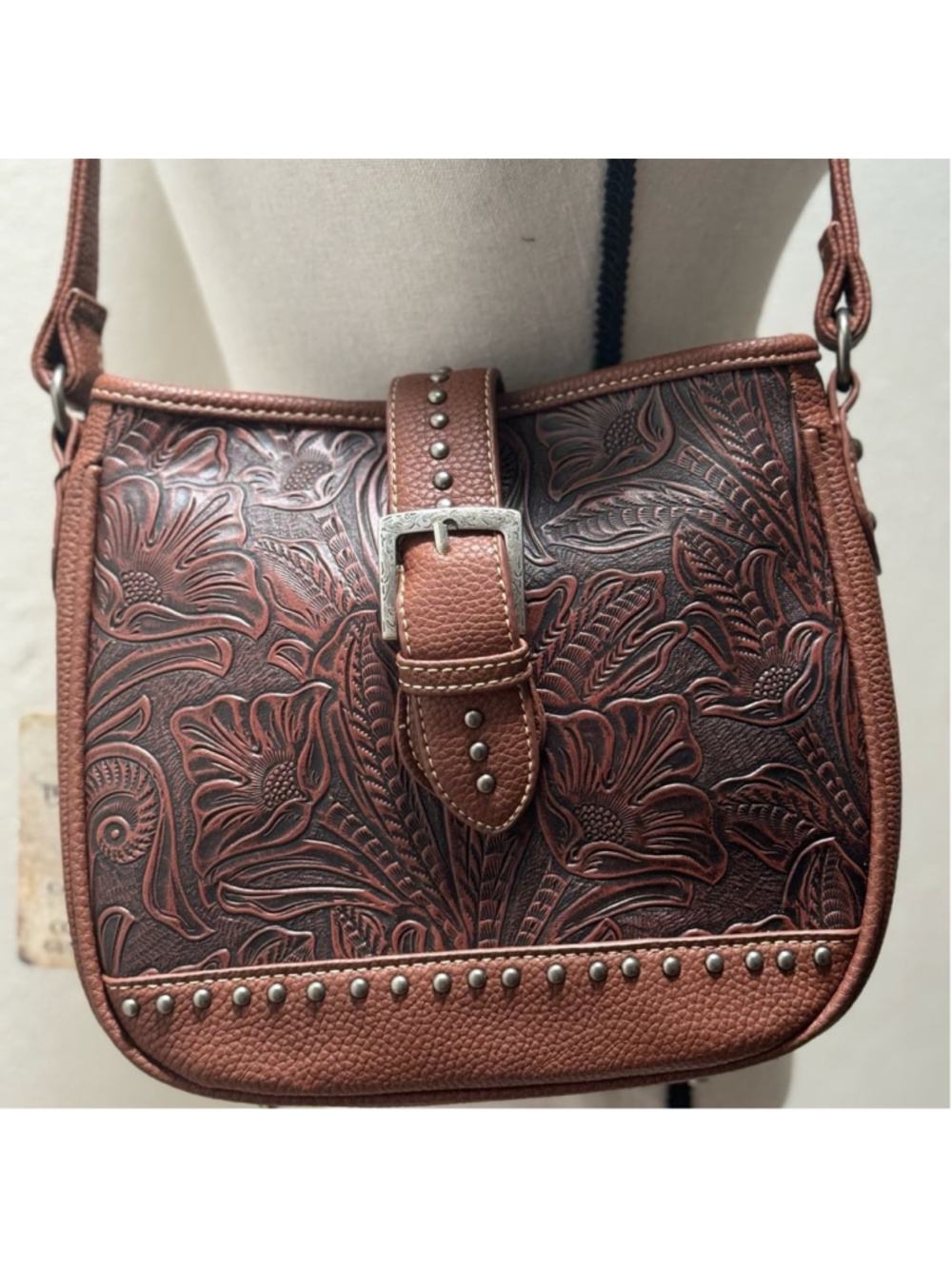 Trinity Ranch Western Floral Tooled Leather Concealed Carry Crossbody Bag Purse